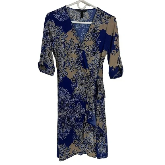 BCBGMaxAzria Adele Printed Royal Blue Roll Tab Wrap Dress - Picture 2 of 8
